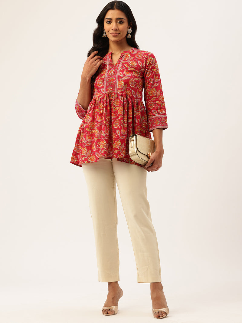 Peplum Hem TOP for Women - Mandarin Collar with V-Cut & 3/4 Sleeves