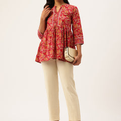 Peplum Hem TOP for Women - Mandarin Collar with V-Cut & 3/4 Sleeves