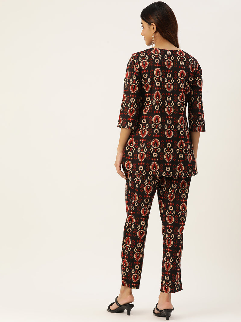 Black Printed Cotton Night Suit with V-Neck Kurti & Ankle-Length Pants