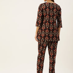 Black Printed Cotton Night Suit with V-Neck Kurti & Ankle-Length Pants
