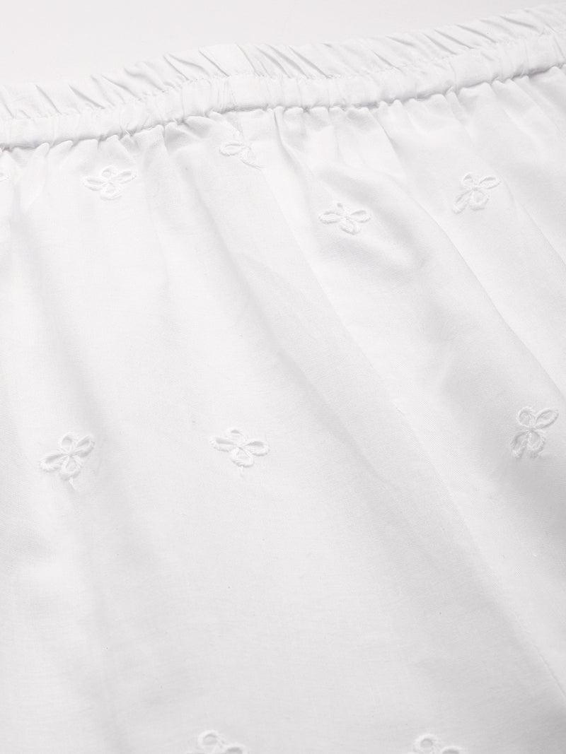 White White Embroidered Cotton Palazzos–Elastic Waist & Ankle-Length with Side Pocket
