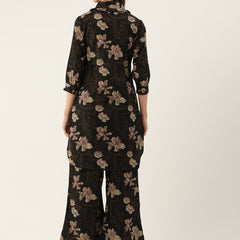 Black Elegant Collared Co-Ord Set with Frill Detail & Elasticated Pants