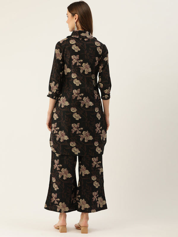 Black Elegant Collared Co-Ord Set with Frill Detail & Elasticated Pants