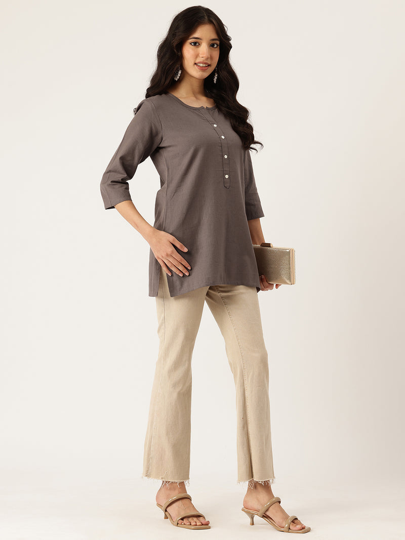 Elegant Short Kurti for Women –Button Detailing & 3/4 Sleeves | Round Neck |