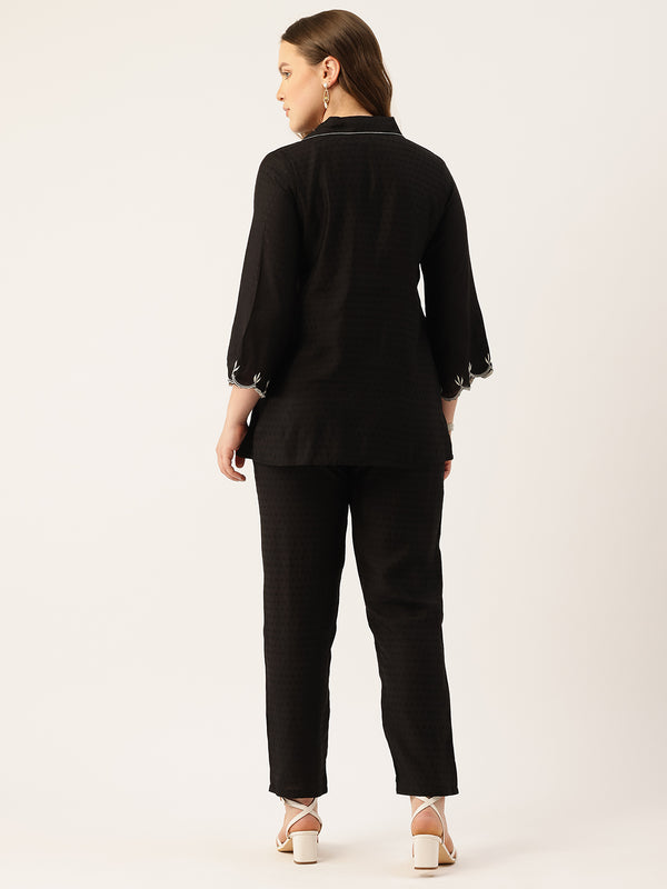 Black Women's Embroidered Co-ord Set - Viscose Fabric Full Sleeve Shirt and Pant
