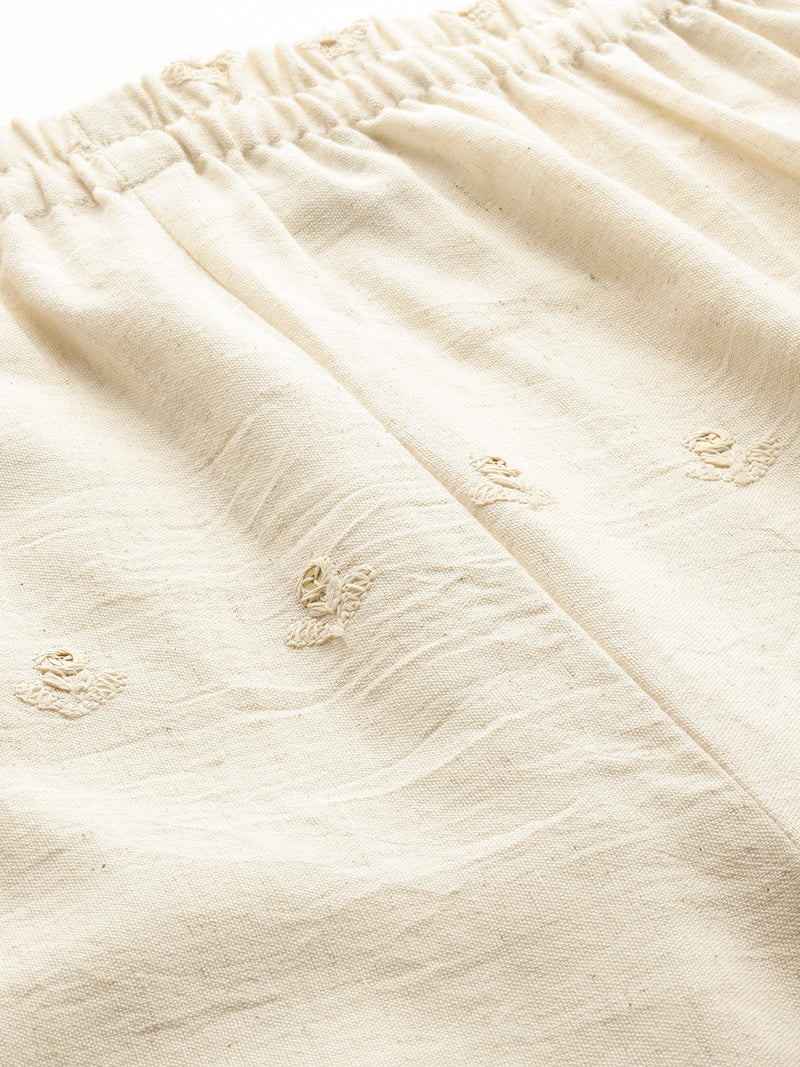 Beige Beige Palazzo|Embroidered, Flax Cotton, Sequin Detail, Ankle-Length, Single Pocket