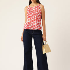 Relaxed fit strappy sleeveless top digitally printed on linen fabric.  | Size- Small |  Colour - White, red