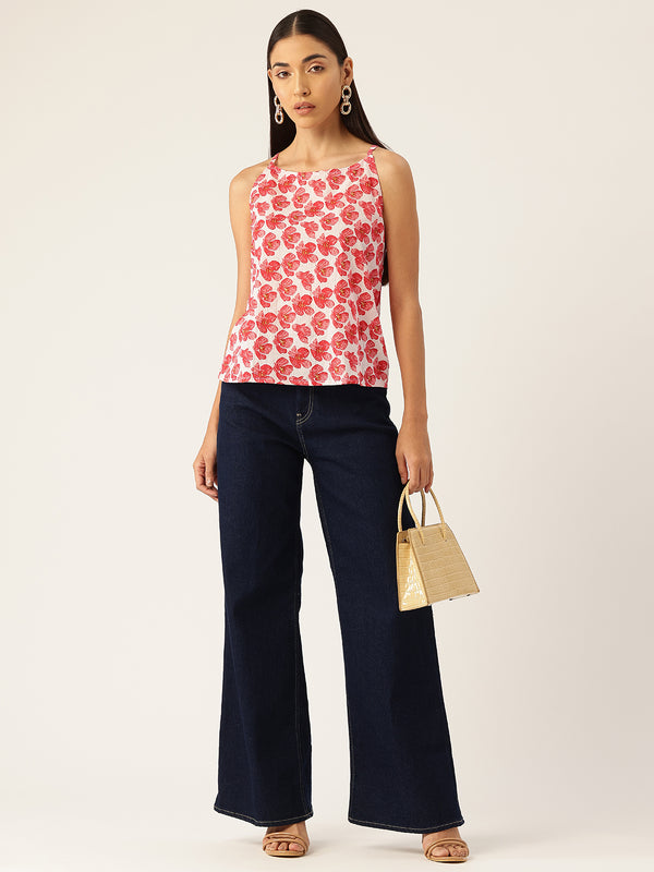 Relaxed fit strappy sleeveless top digitally printed on linen fabric.  | Size- Small |  Colour - White, red
