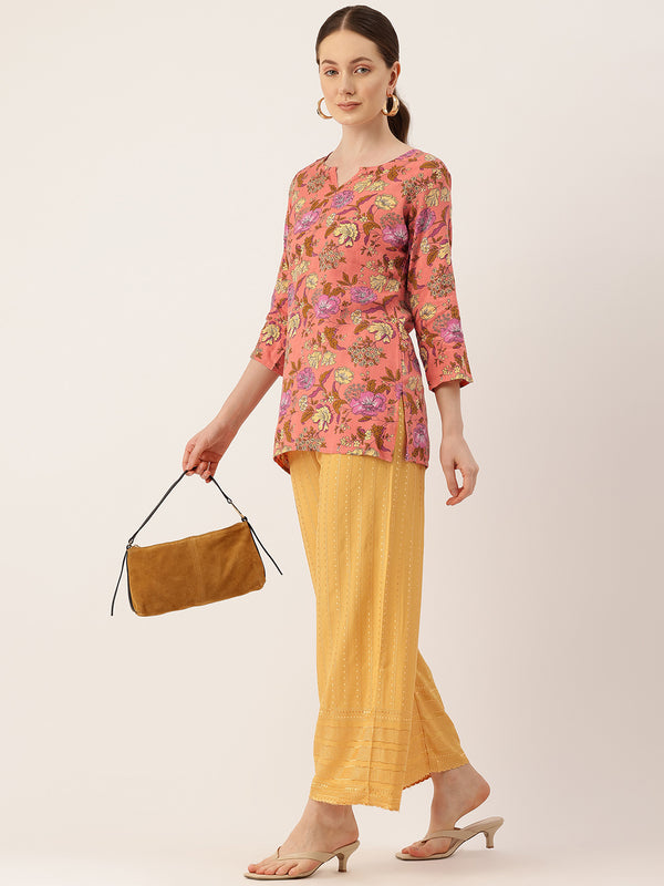 3/4 Sleeve Round Neck Vcut top Pink Colour