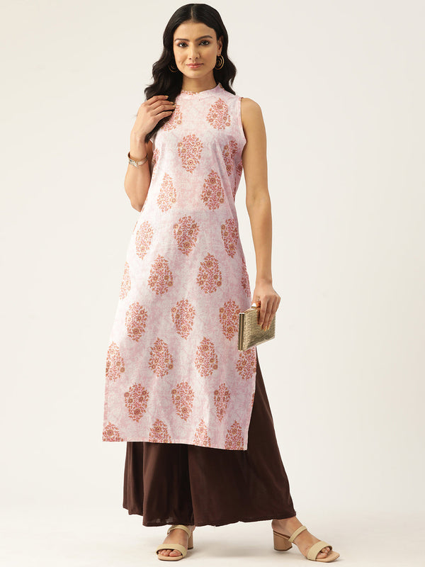 Cotton Printed Sleeveless Straight Long Kurti
