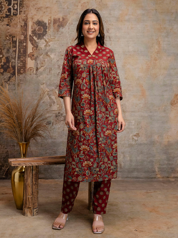 Pure Cotton Red V-Neck 3-Piece Kurta Set with Printed Dupatta