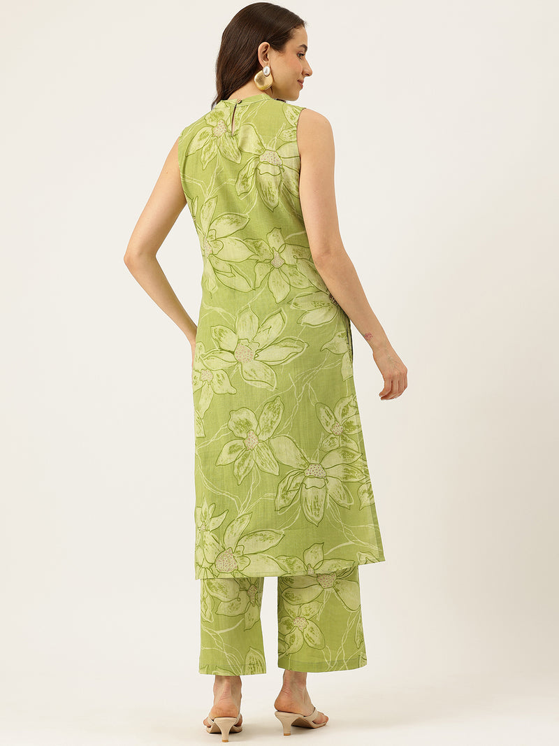 Floral Sleeveless Cotton Co-Ord Set with Choker Neckline – Pure Cotton | Sizes S–XXL