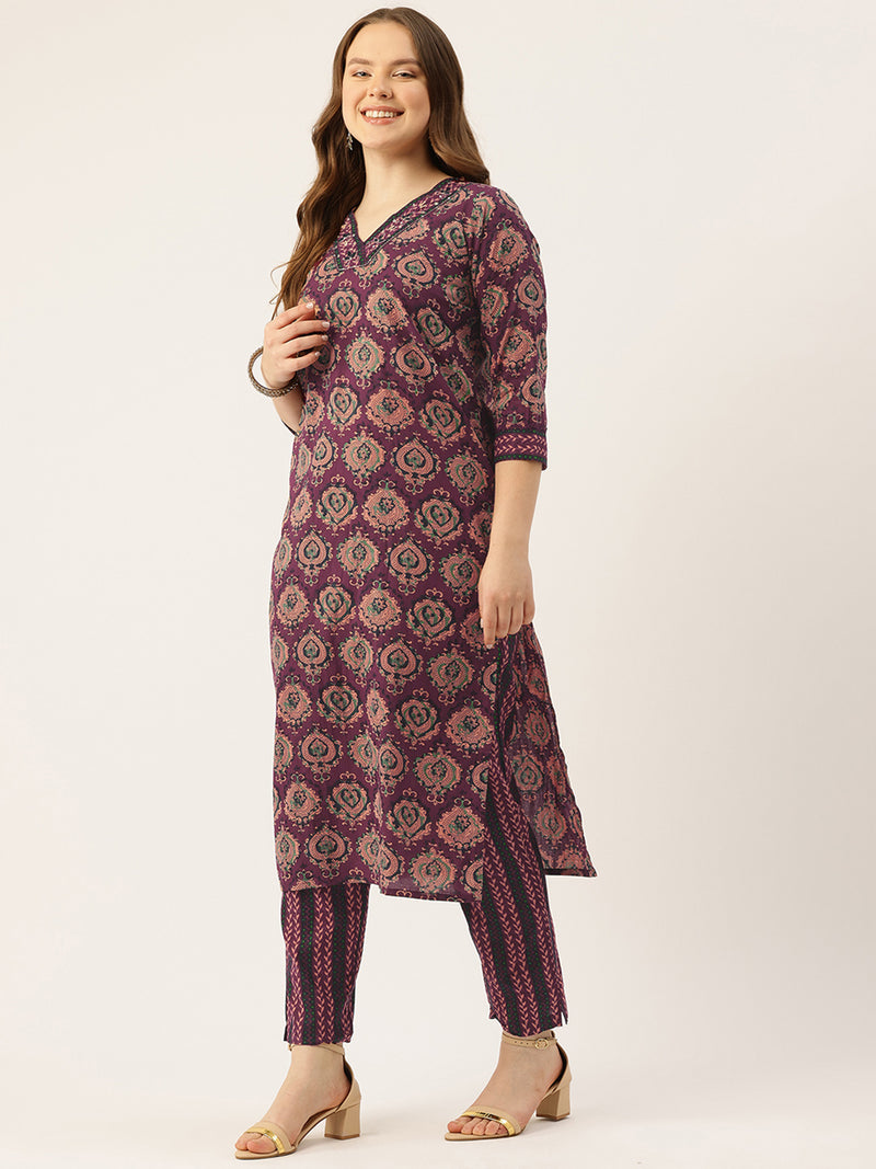 Straight Dupatta Sets - V-Neck, 3/4 Sleeves with Border Detailing, Elastic Waistband Pants with Pockets & Full-Length Dupatta (M-XXL)