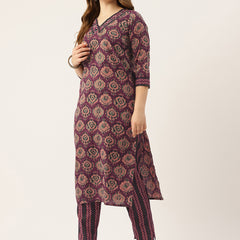 Straight Dupatta Sets - V-Neck, 3/4 Sleeves with Border Detailing, Elastic Waistband Pants with Pockets & Full-Length Dupatta (M-XXL)