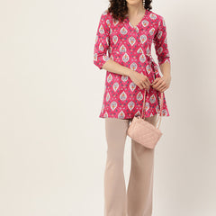Floral Print Angrakha 3\4 Sleeves Flared Kurti