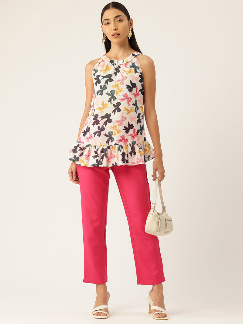 Cropped Sleeveless Elasticated Neck Bottom Flared Top with digital print on linen fabric.  | Size- Small |  Colour - White, Pink, Grey, Yellow