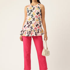 Cropped Sleeveless Elasticated Neck Bottom Flared Top with digital print on linen fabric.  | Size- Small |  Colour - White, Pink, Grey, Yellow