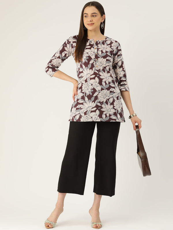 Floral Print 4 Button Straight Kurti