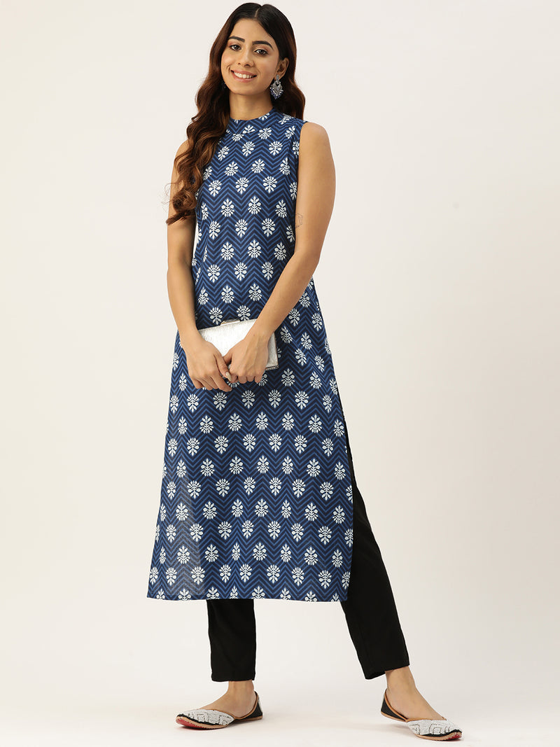 Women’s Pure Cotton Angrakha Kurti with Floral Print | 3/4 Sleeves | Adjustable Side Tie | Sizes S–XXL