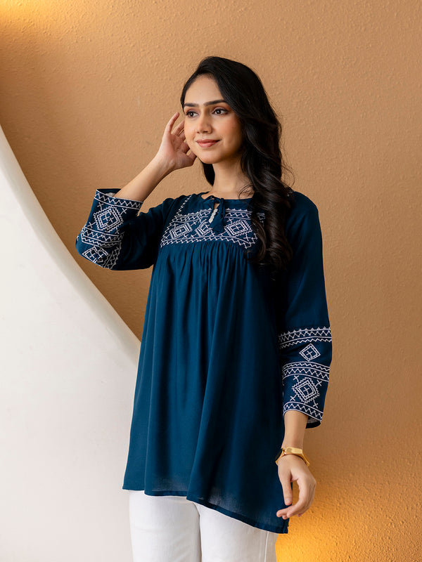 Solid Hip Length Embrioded 3/4 Sleeves Kurti