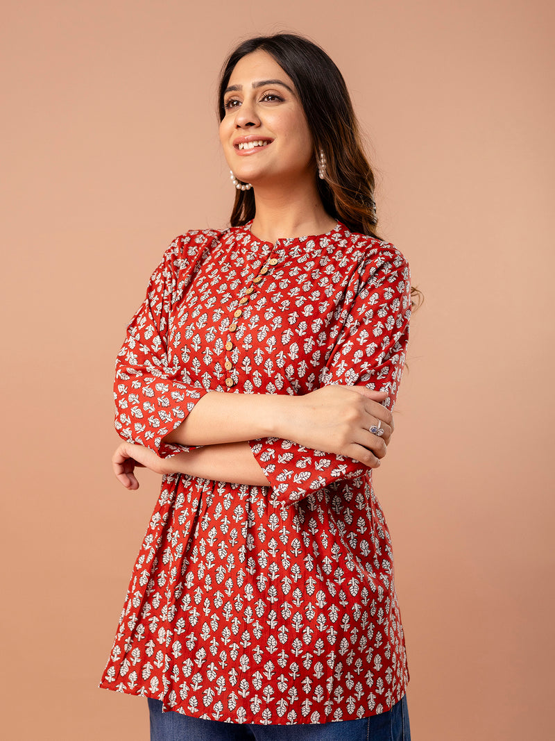 Top – Mandarin Collar, 3/4 Sleeves, Flattering Fit (Sizes S–XXL)