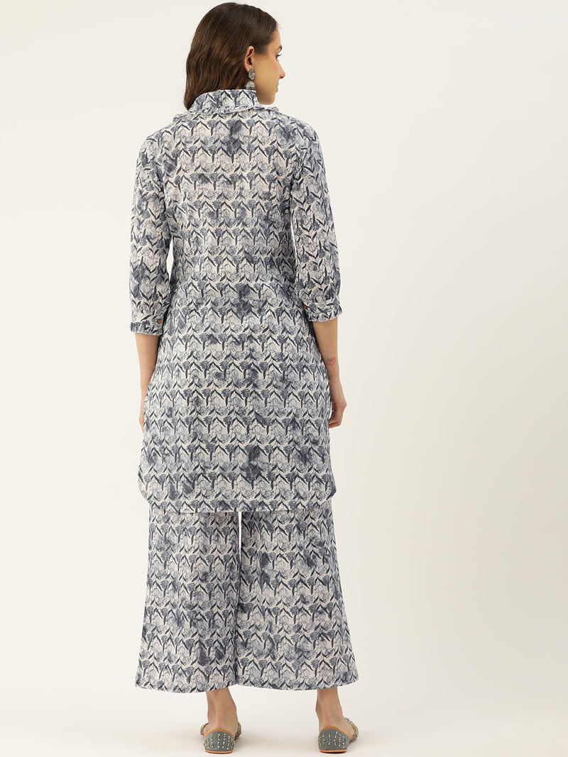 Grey Elegant Collared Co-Ord Set with Frill Detail & Elasticated Pants