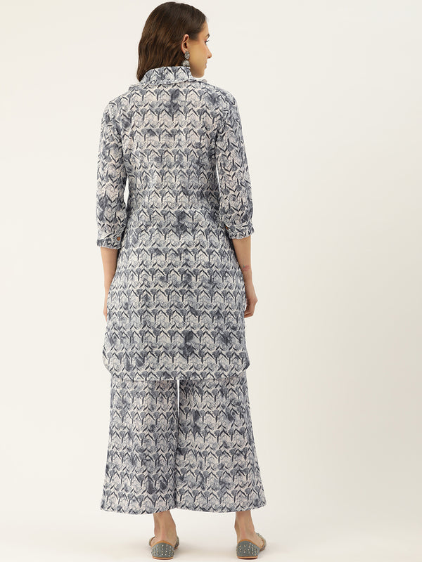 Grey Elegant Collared Co-Ord Set with Frill Detail & Elasticated Pants