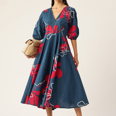 Women's Pure Cotton Floral Printed A-Line Gown with 3/4 Puff Sleeves & V-Neck