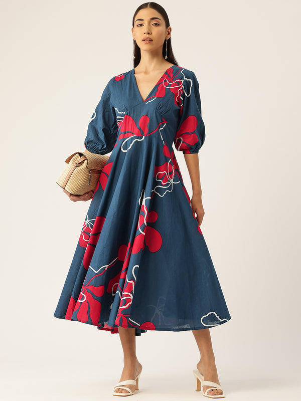 Women's Pure Cotton Floral Printed A-Line Gown with 3/4 Puff Sleeves & V-Neck