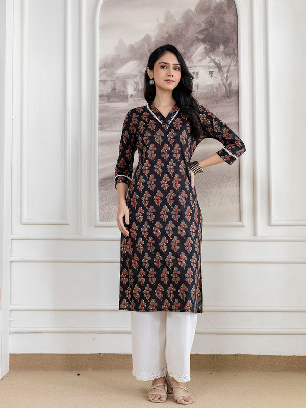 Elegant Ethnic Printed Cotton Straight Kurta with V-Neckline