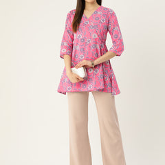 Floral Print Angrakha 3\4 Sleeves Flared Kurti