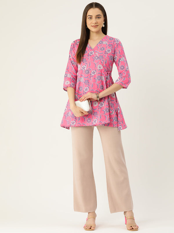 Floral Print Angrakha 3\4 Sleeves Flared Kurti
