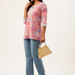 Empress Short Kurti for Women - V-Cut Neckline with Border Detail & 3/4 Sleeves