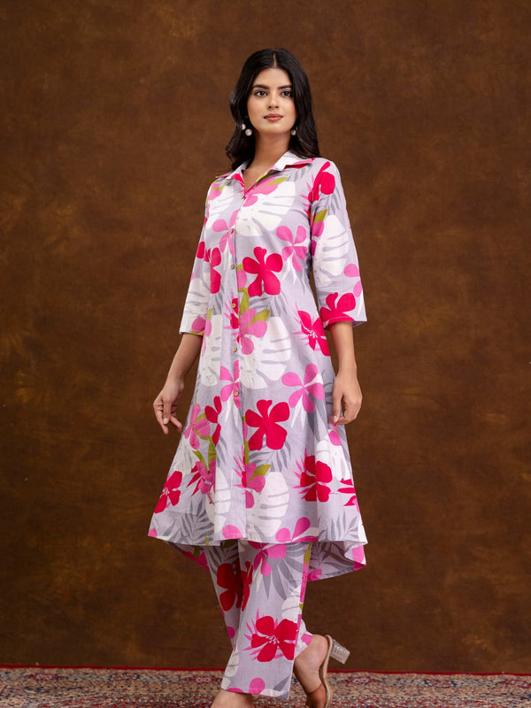 Grey Women’s Co-Ord Set–Printed Collared Kurta with 3/4 Sleeves & Elastic Waist Pants