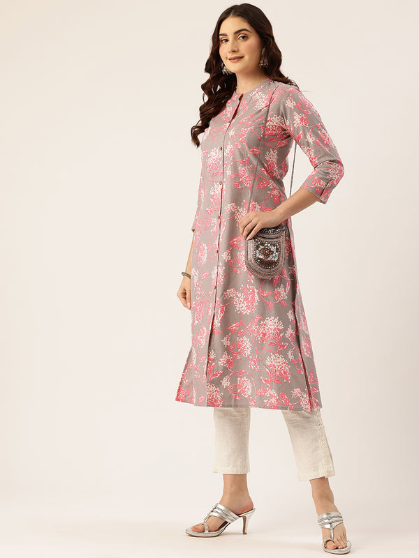 Elegant A-Line Long Kurta for Women - Mandarin Collar with Button Detailing