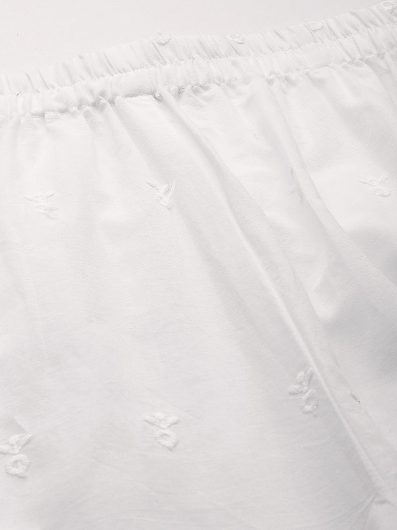 White White Embroidered Cotton Palazzos–Elastic Waist & Ankle-Length with Side Pocket