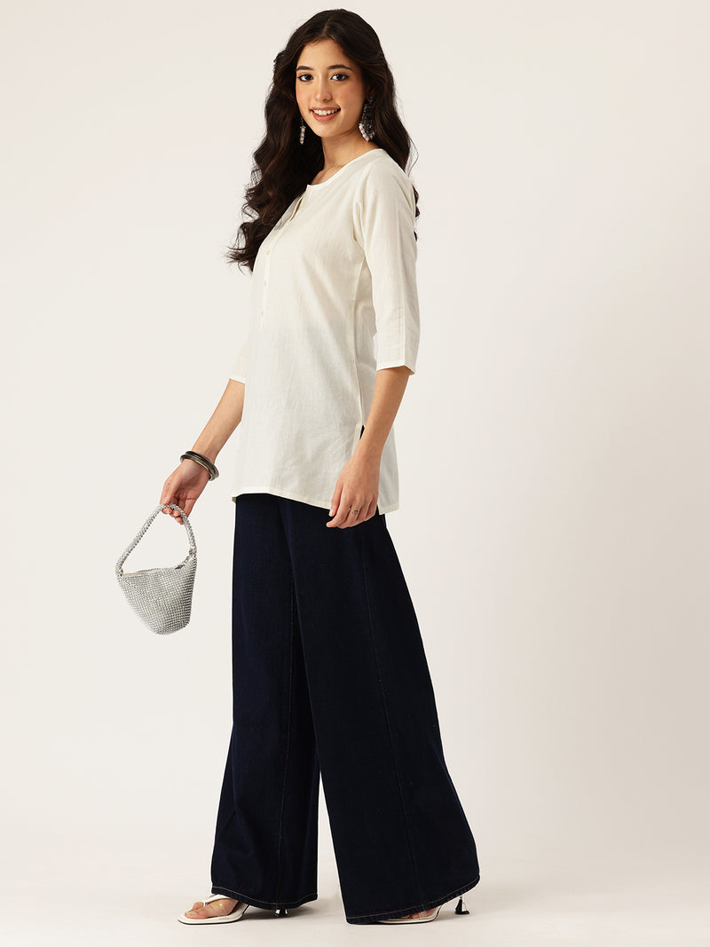 Elegant Short Kurti for Women –Button Detailing & 3/4 Sleeves | Round Neck |