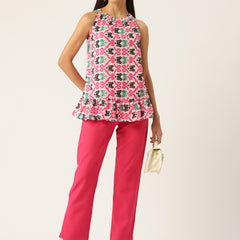 Cropped Sleeveless Elasticated Neck Bottom Flared Top with digital print on linen fabric.  | Size- Small  |  Colour - White, Pink, Green