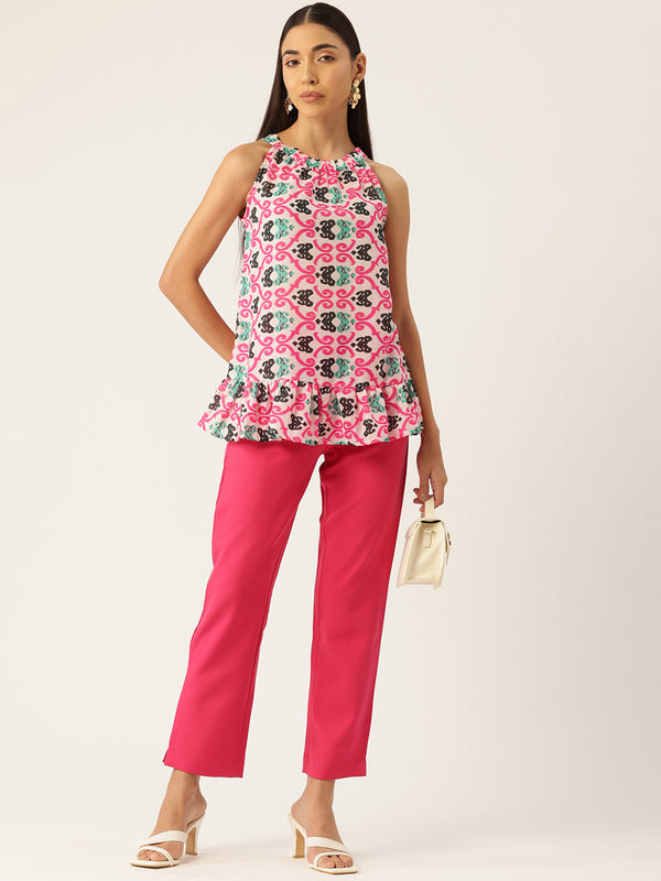 Cropped Sleeveless Elasticated Neck Bottom Flared Top with digital print on linen fabric.  | Size- Small  |  Colour - White, Pink, Green