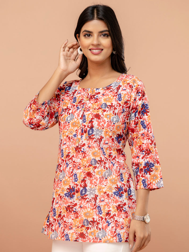 Chic Printed Short Kurti with Round Neck & 3/4 Sleeves
