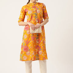 Elegant A-Line Long Kurta for Women - Mandarin Collar with Button Detailing
