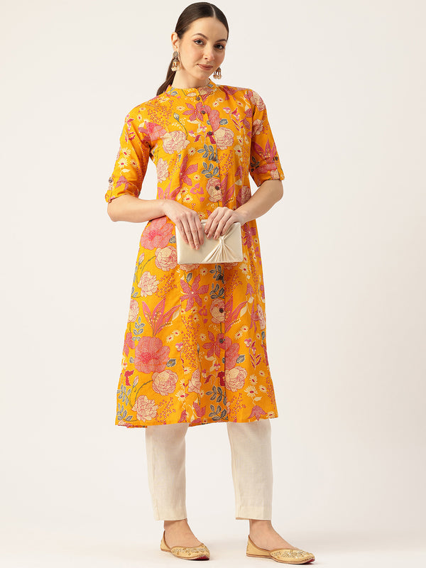 Elegant A-Line Long Kurta for Women - Mandarin Collar with Button Detailing