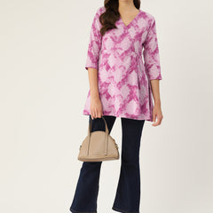 Floral Print Angrakha 3\4 Sleeves Flared Kurti