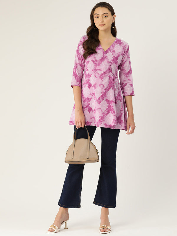 Floral Print Angrakha 3\4 Sleeves Flared Kurti