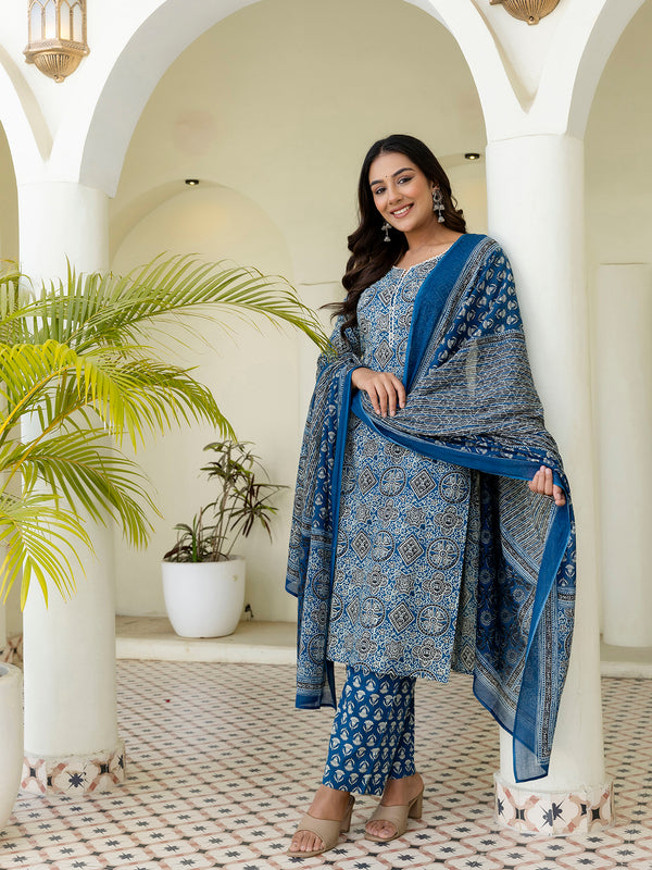 Printed Cotton Lace-Detail Kurta Set with Ankle-Length Pants and Graceful Dupatta