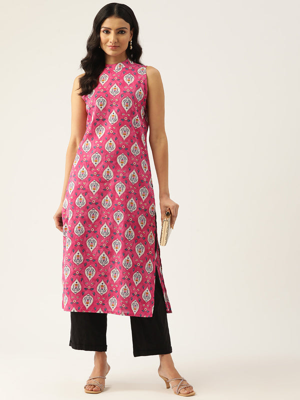 Cotton Printed Sleeveless Straight Long Kurti