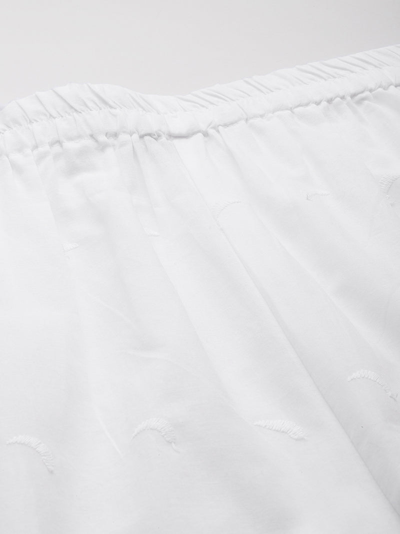 White White Embroidered Cotton Palazzos–Elastic Waist & Ankle-Length with Side Pocket