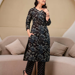 Printed Cotton Kurta Set with V-Neckline, Ankle-Length Pants and Graceful Dupatta