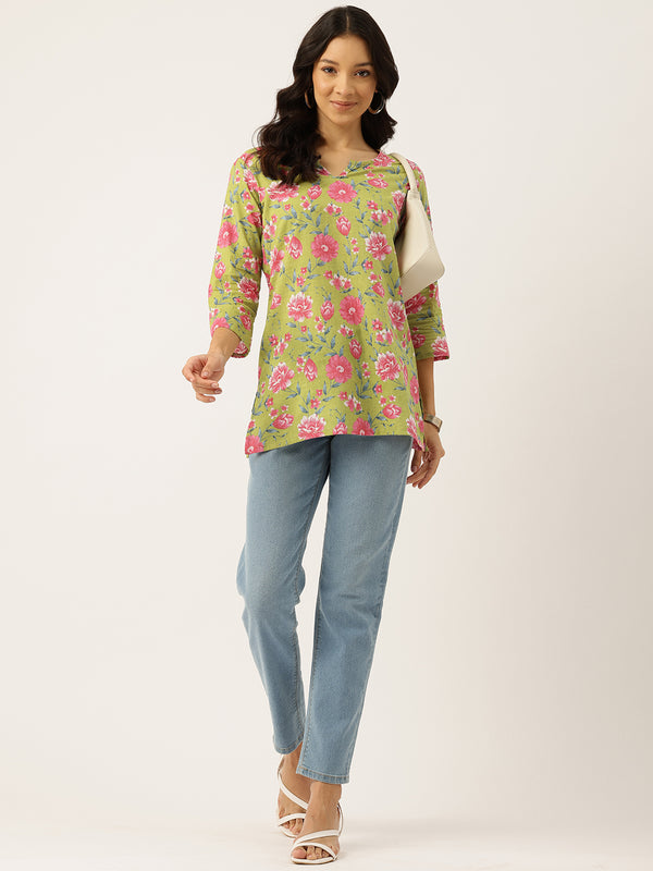 3/4 Sleeve Round Neck Vcut top Green Colour