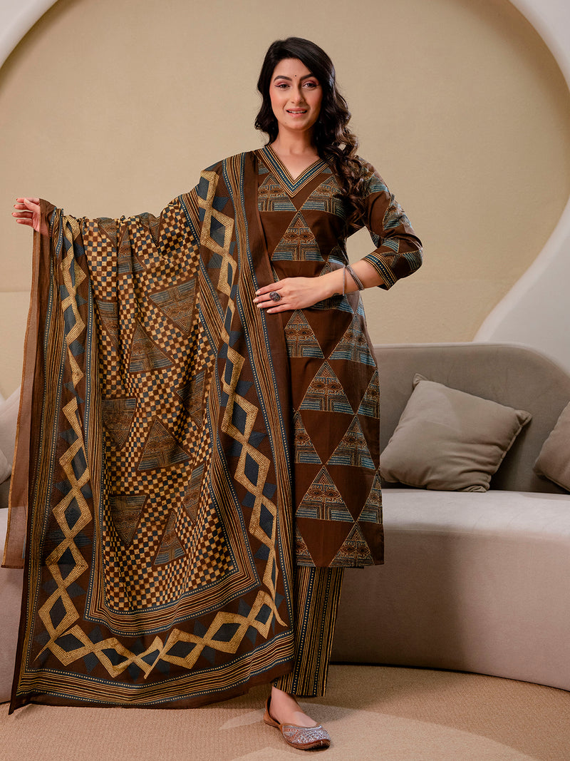 Bordered V-Neck 3-Piece Kurta Set with Ankle-Length Pants & Full-Length Dupatta (M–XXL)